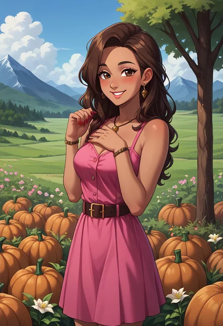 score_9, score_8_up, score_7_up, Casgas BREAK, 1girl, mature, solo, Haitian, brown eyes, black skin, smile, blush, medium breasts, brown eyes, brown wavy long hair, pink large lily flower in the hair on the right, brown pendant with white beads, black bracelet with oval beads on the right hand, pink off-the-shoulder top, dark red pattern on the top, dark red wide belt at the waist, pink skirt with dark red pattern, dark red manicure, gold ring on the left hand, BREAK hands up, left hand rests on the right hand on the chest, looking at left, standing, semi-sideways, half-sideways, cowboy shot, BREAK blue sky, mountains, pumpkins, trees, huts on the background