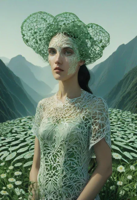 woman, standing, looking at viewer, mountains, wearing HUD_shmrck, made of delicate shamrock leaves intricately woven together, clean face, creating a whimsical and ethereal look, highly detailed. Masterpiece, HD, 3D