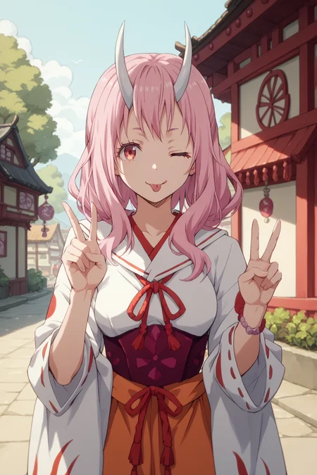 <lora:SlimesShuna:1>, score_9, score_8_up, score_7_up, slimes_shuna, woman, solo, white horns, peace handsign, winking, tongue out, japanese village background