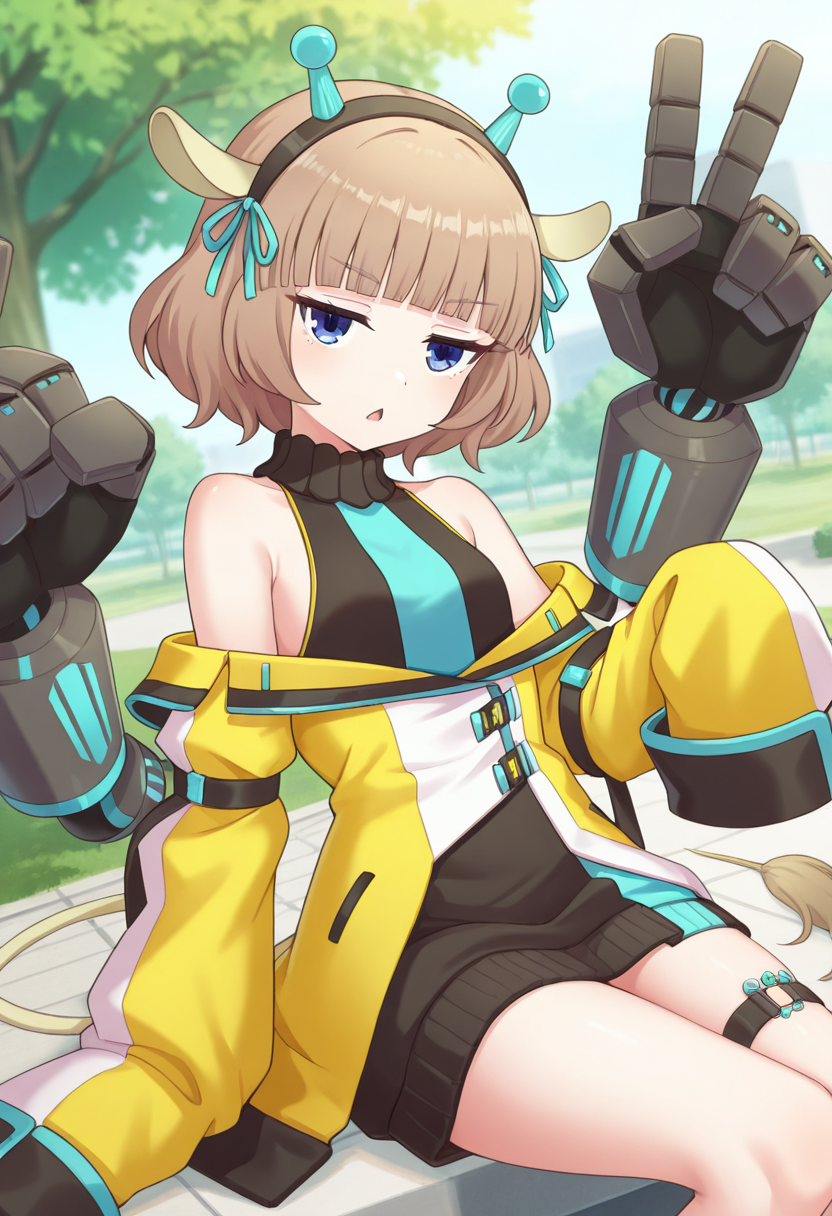 1girl,solo,<lora:gililiil:0.9>,gilili_(show_by_rock!!),blue eyes,jitome,brown hair,short hair,blunt bangs,hairband,horns,hair ribbon,animal ears,tail,black dress,open jacket,pleated skirt,yellow jacket,long sleeves,bare shoulders,off shoulder,sleeves past fingers,thigh strap,mechanical arms,looking_at_viewer,dynamic_angle,cowboy_shot,from_side,smile,chestnut mouth,day,park,v,sitting,masterpiece,best quality,good quality,newest,incredibly absurdres,