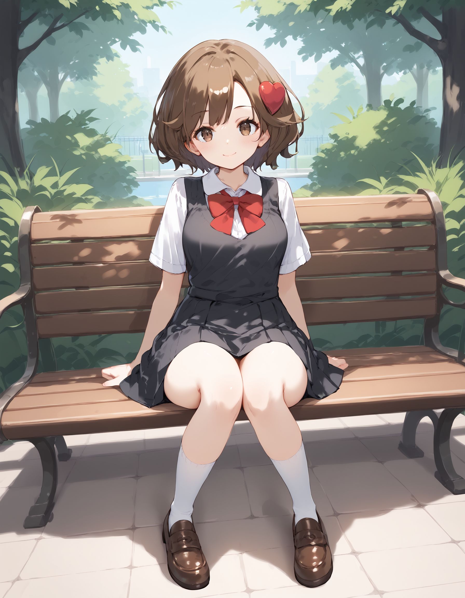 score_9, score_8_up, score_7_up, score_6_up, BREAK source_anime, best quality, masterpiece
1girl,<lora:lass hgssPonyXL:0.8>,lass hgss,brown eyes,heart hair ornament,bowtie,black pinafore dress,white shirt,socks,loafers,full body,sitting on park bench,smile,looking at viewer,park