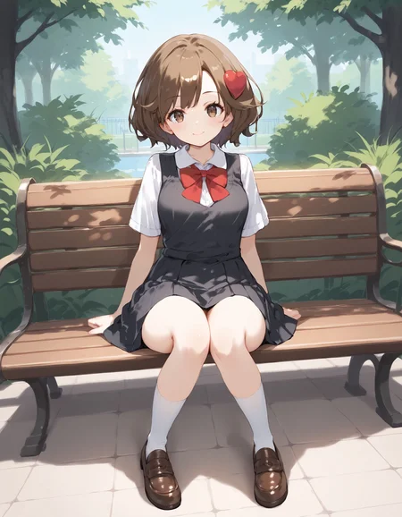 score_9, score_8_up, score_7_up, score_6_up, BREAK source_anime, best quality, masterpiece
1girl,<lora:lass hgssPonyXL:0.8>,lass hgss,brown eyes,heart hair ornament,bowtie,black pinafore dress,white shirt,socks,loafers,full body,sitting on park bench,smile,looking at viewer,park