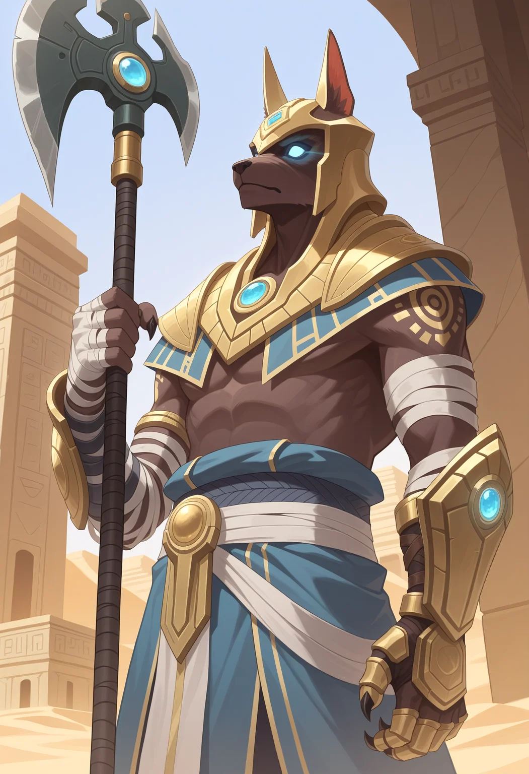 masterpiece, best quality, amazing quality, very aesthetic, absurdres, arcane2byooa,
nasuspdxl, 1boy, armor, helmet, bandages, loincloth, gauntlets, solo, male focus, simple background, cowboy shot, weapon, holding, looking afar, entrance, blue eyes, glowing eyes, no pupils, colored sclera, axe, (holding polearm), holding weapon, desert, temple, from below, upper body, claws, <lora:Nasus_NAI:1> <lora:Style_Arcane2ByOOAver2:0.7>