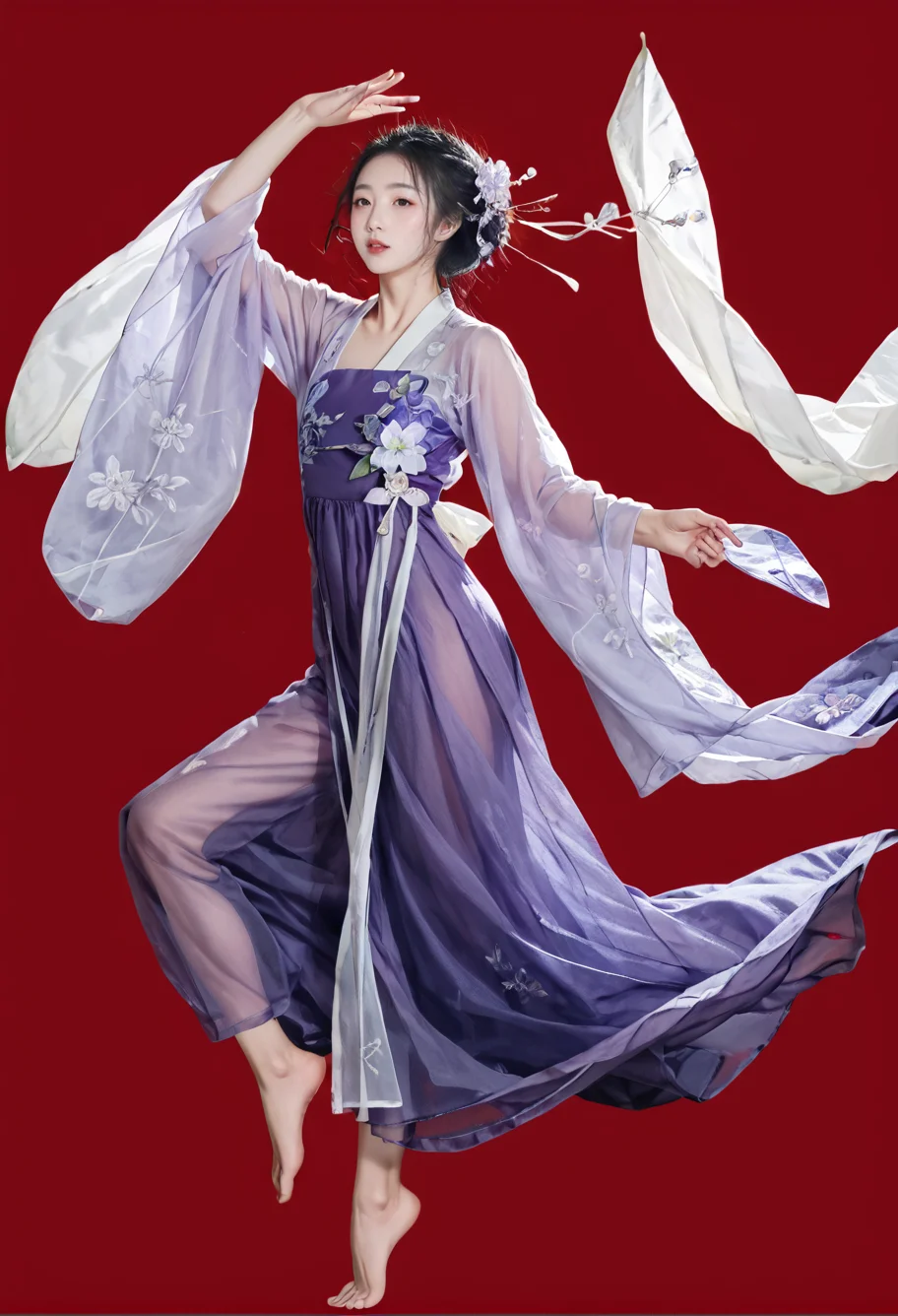 red background,dancing,barefoot,,ruanyi0752,hanfu,purple dress,see-through,wide sleeves,<lora:0752 Wisteria butterfly hanfu_v1_pony:1>, score_9,score_8_up,score_7_up,,8k,1girl,solo,