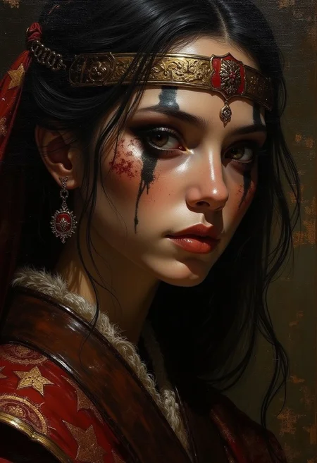 detailed renaissance oil painting, masterpiece, female japanese barbarian pirate, dramatic make-up, chiascuro, lighting on face, closeup portrait