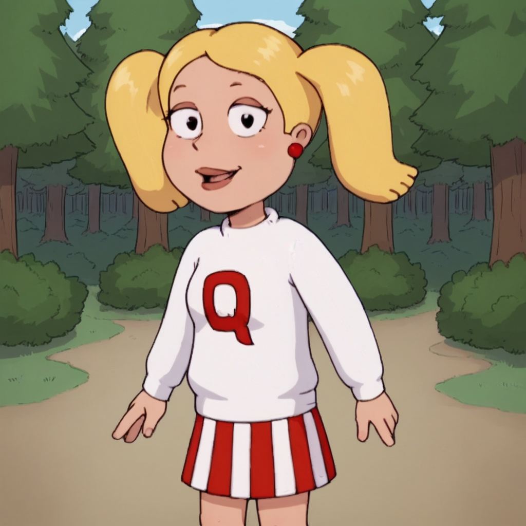 score_9_up, score_8_up, BREAK, UnnamedGirl, 1girl, solo, blonde hair, twintails, black eyes, shirt, long sleeves, striped skirt, cowboy shot, forest,  <lora:UnnamedBlondeTwintailsGirl_FamilyGuy_PXL_Leaf1:1>, looking at viewer, double v,