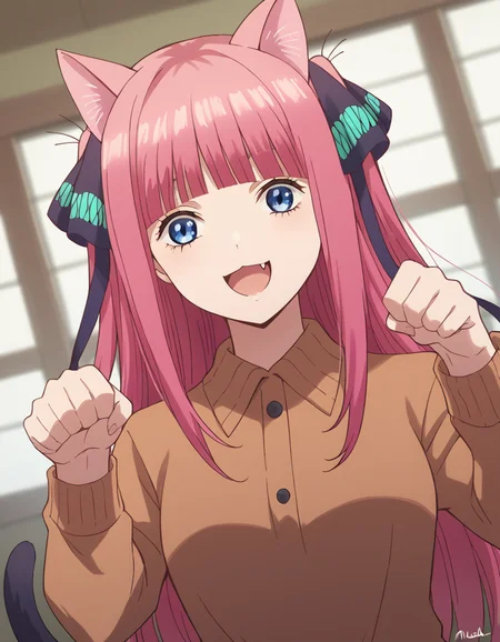 score_9, score_8_up, score_7_up, source_anime, ninonakano, <lora:nino-nakano-s1-ponyxl-lora-nochekaiser:1>, nino nakano, long hair, bangs, blue eyes, hair ornament, hair ribbon, pink hair, blunt bangs, two side up, butterfly hair ornament, mature female,, <lora:paw-pose-ponyxl-lora-nochekaiser:1>, paw pose, cat ears, cat tail, animal ears, tail, cat girl, open mouth, fang, whiskers,, indoors, smile,, cowboy shot, dutch angle, looking at viewer,