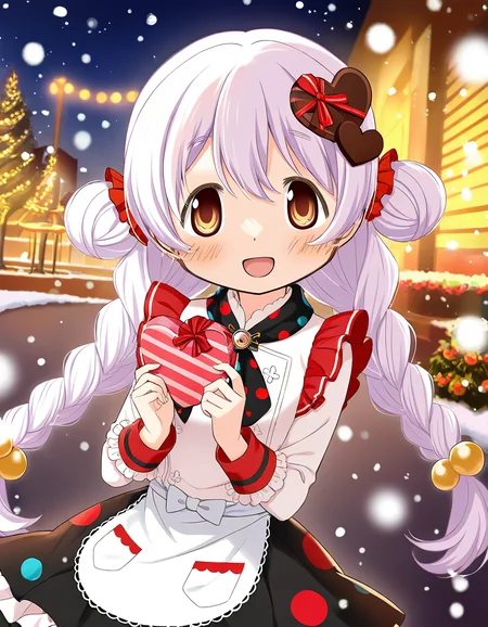 masterpiece, best quality, newest, absurdres, highres, safe, 1girl, momoe nagisa \(valentine ver.\), magia record: mahou shoujo madoka magica gaiden, solo, open mouth, snowing, outdoors, dutch angle, <lora:momoe_nagisa_noobaiXLNAIXL_vPred10Version:0.7>