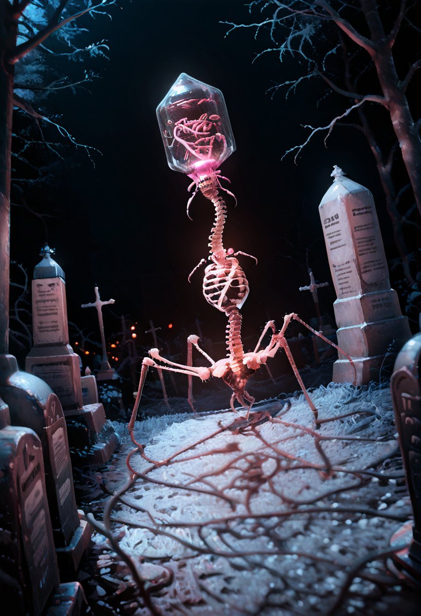 masterpiece, best quality, no humans,   B4cterio, ribs, (theme), spine, graveyard, night,    ,<lora:BacteriophageIXL_v1:1.0>,