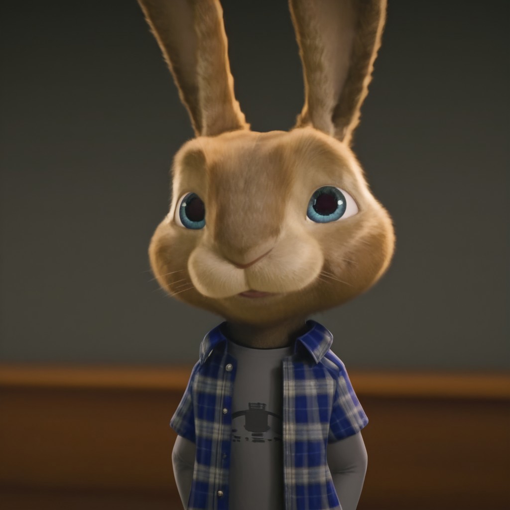 EB, Bunny, Male, 3D, blue eyes, CGI, detailed fur, 4K, plaid blue jacket, gray shirt, feral, best quality, high quality, absurd res, detailed,