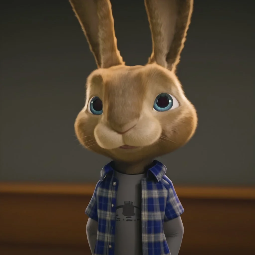 EB, Bunny, Male, 3D, blue eyes, CGI, detailed fur, 4K, plaid blue jacket, gray shirt, feral, best quality, high quality, absurd res, detailed,