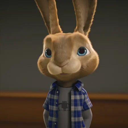 EB, Bunny, Male, 3D, blue eyes, CGI, detailed fur, 4K, plaid blue jacket, gray shirt, feral, best quality, high quality, absurd res, detailed,