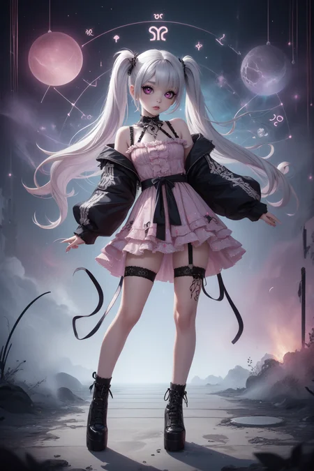 breathtaking full shot, full body, 1girl,  <lora:edgPastelGothFashionv1:0.6> edgPastelGoth, pink outfit, wearing edgPastelGoth <lora:snak3platf0rm:0.4> snak3platf0rm eyeliner5 EyeDetail HairDetail <lora:water-a-e-style-darquelilly-v1:0.8> waterastrologystyle, masterpiece, award-winning, professional, highly detailed