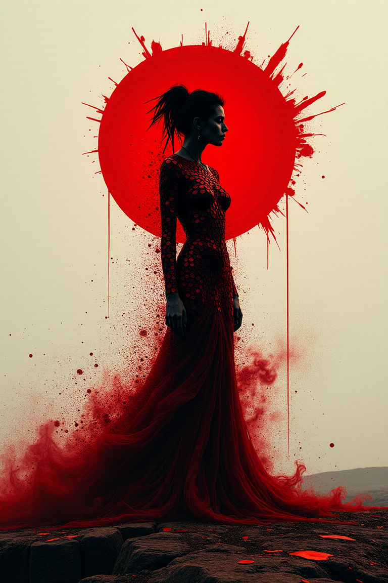 long shot scenic professional photograph of NSFW, Realistic crazy red sorceress, fire elemental, cracked earth, crater, silhouet style, essence of red, at Dawn, Bauhaus Art, (monochromatic art by Junji Ito, Carne Griffiths, High contrast, minimalistic), red and white, dramatic, (silhouette weaved from splahes of red, body of coins and red), (clothed in red, encased in red),nudity, intricate details, (zentangle tattoo), scar, (((fractal art), (((abstract art))), (((psychedelic art))))),, perfect viewpoint, highly detailed, wide-angle lens, hyper realistic, with dramatic sky, polarizing filter, natural lighting, vivid colors, everything in sharp focus, HDR, UHD, 64K, RAW candid cinema, 16mm, color graded portra 400 film, remarkable color, ultra realistic, textured skin, remarkable detailed pupils, realistic dull skin noise, visible skin detail, skin fuzz, dry skin, shot with cinematic camera