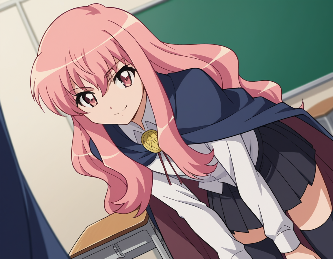 score_9, score_8_up, score_7_up, source_anime,
louisefrancoiseleblancdelavalliere, <lora:louise-francoise-le-blanc-de-la-valliere-s3-ponyxl-lora-nochekaiser:1>,
louise francoise le blanc de la valliere, long hair, pink hair, pink eyes, sidelocks,
skirt, thighhighs, cape, zettai ryouiki, long sleeves, shirt, white shirt, collared shirt, black skirt, pleated skirt,
indoors, classroom, bent over, smile,
looking at viewer, cowboy shot, solo, dutch angle