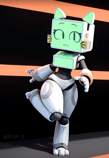 Robot cat girl, videoscreen head, PUR-03, standing on one leg, nyah expression,
(masterpiece, amazing quality, very aesthetic, high res, newest,) trpbb, (thick long eyeslashes,)