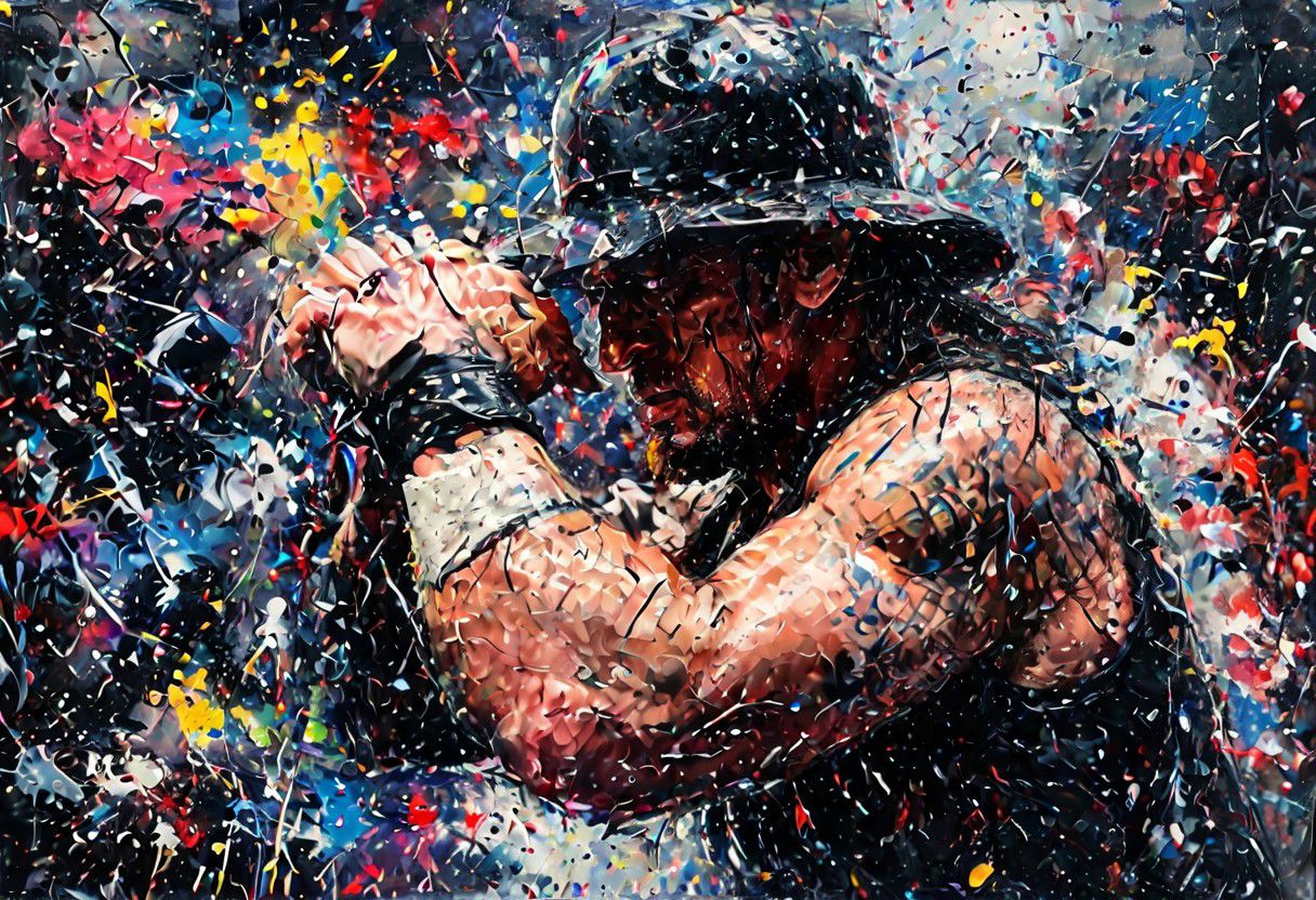 professional portrait of The Undertaker from wrestling, showing biceps, dynamic angle, arena scene, cinematic feel, movie grain, extreme detail, ultra realism, depth of field, viginette