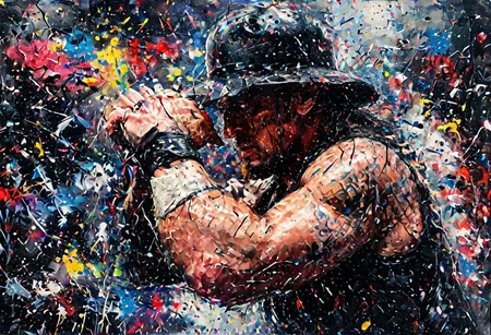 professional portrait of The Undertaker from wrestling, showing biceps, dynamic angle, arena scene, cinematic feel, movie grain, extreme detail, ultra realism, depth of field, viginette