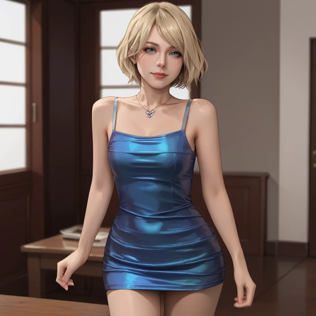 <lora:ashleyre4remake_pony_v1:.8> Ashley, 1girl, solo, short hair, blonde hair, blue eyes, lips, bob cut, cowboy shot, cowboy shot <lora:0878 Laser nightclub skirt_v1_pony:1> ruanyi0878,blue dress,short skirt