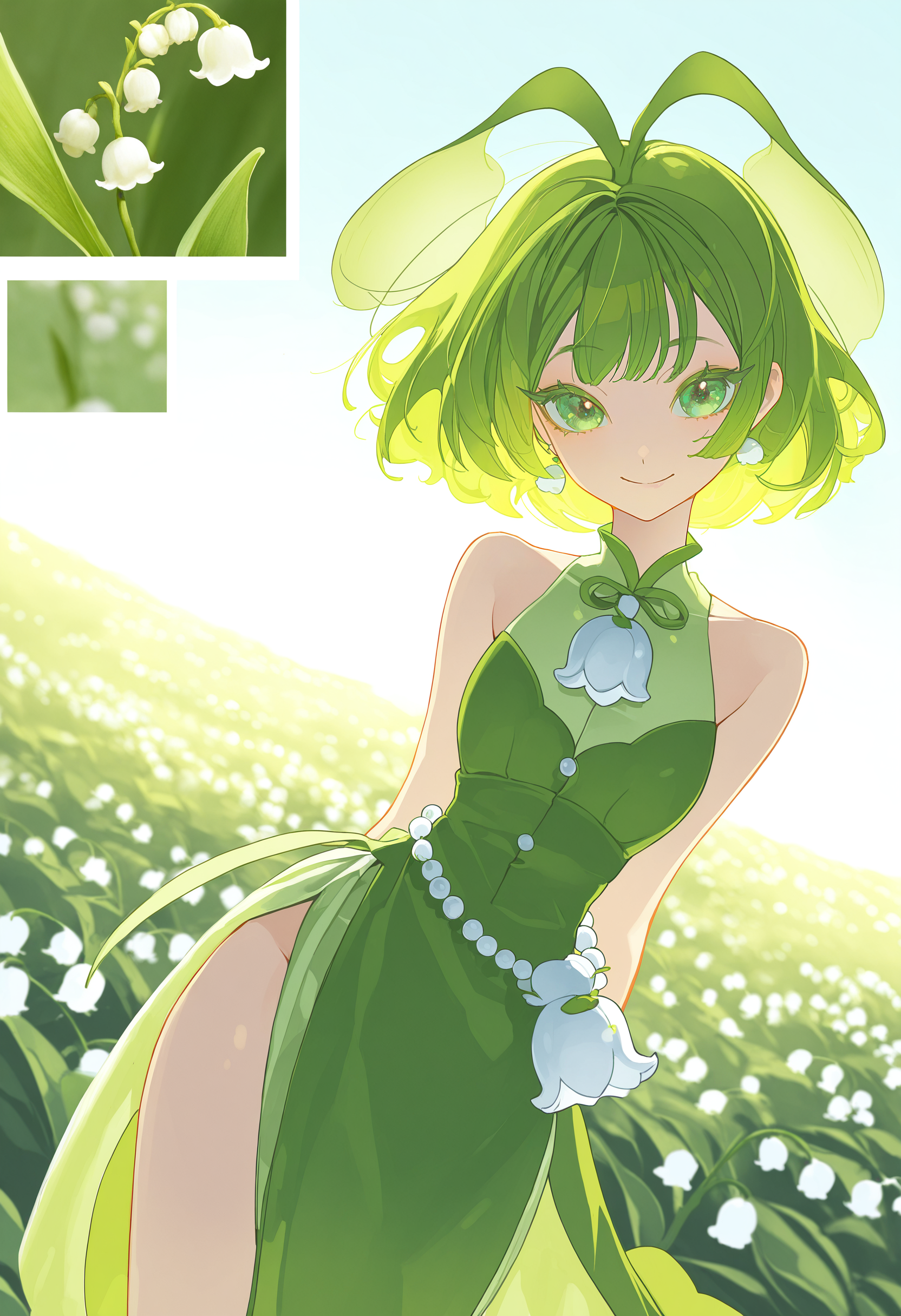 reference inset, reference \(lily of the valley\),
by [diyokama|say hana|yoneyama mai|lam],
1girl, personification, creature and personification, dynamic pose, dutch angle,
cowboy shot, facing viewer, looking at viewer, smile, long eyelashes, colored eyelashes,
outdoors, scenery, backlighting, y2k fashion, jewelry,
masterpiece, best quality, very awa, absurdres
<lora:noobai_epred_11_reference_inset_concept_v1:1>