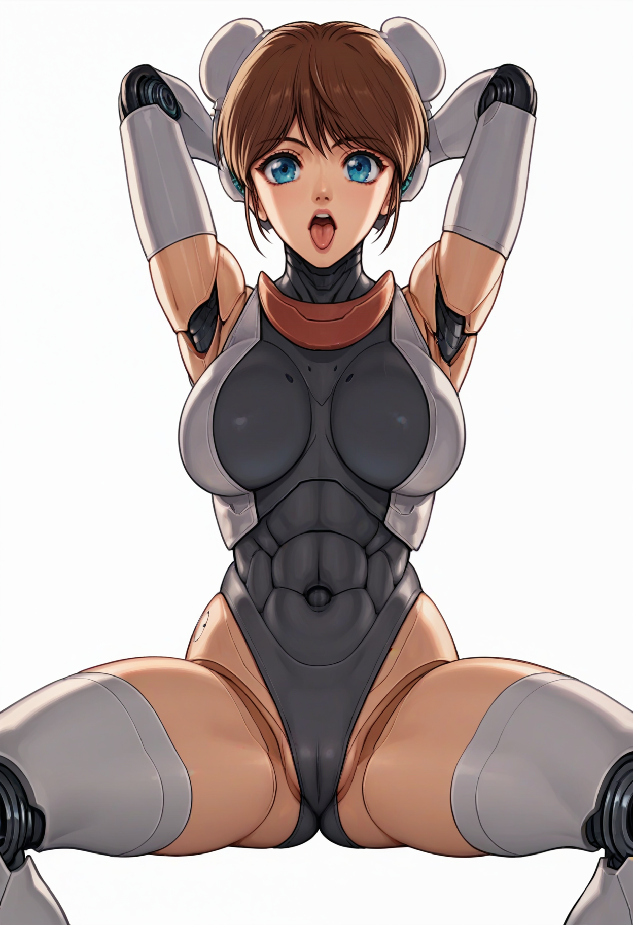 score_9, score_8_up, score_7_up, score_6_up, anime screencap, anime coloring, <lora:MNLMimi-10:0.7>, MNLMimi, robot joints, cyborg, blue eyes, lower body, thighhighs, bodysuit, brown hair, short hair, bun cover, double bun, large breasts,
robot ears, headgear,
arms behind head, armpits, open mouth, tongue out, sitting, legs apart, 
BREAK simple background, white background,