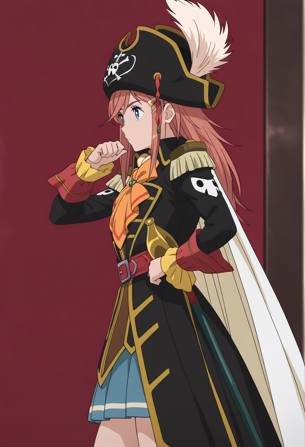 masterpiece, best quality, very aesthetic, absurdres, 1girl, solo, 
<lora:kato_marika_v01:1>, kato_marika, marika_pirates2, brown hair, long hair, blue eyes, hairclip,
pirate, pirate hat, hat feather, white cape, epaulettes, orange ascot, red belt, blue skirt, plated skirt, posing, (from side:0.6), (looking to the side:0.6),