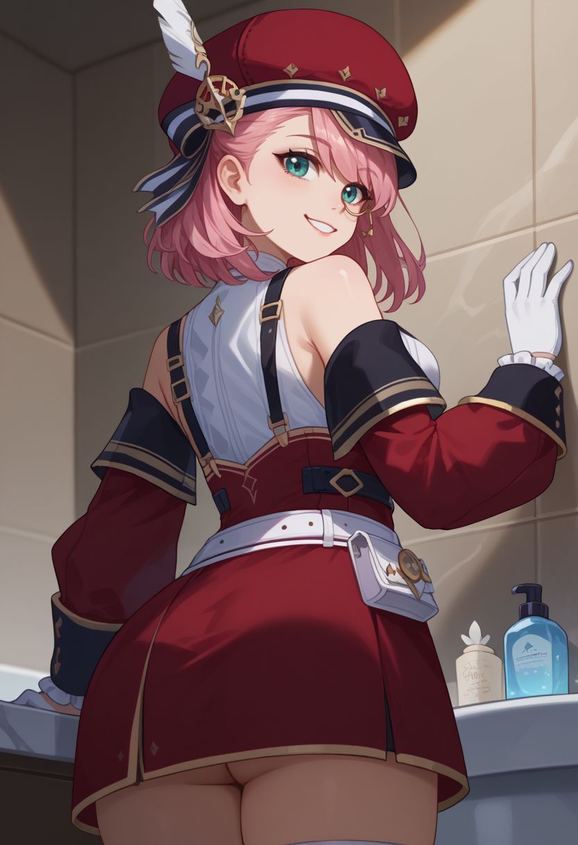 score_9, score_8_up, score_7_up, source_anime, 1girl, charlottedef, monocle, cabbie hat, pink hair, red headwear, bare shoulders, white shirt, red skirt, blue gemstone, sleeveless shirt, red sleeves, white gloves, gem, hat feather, puffy sleeves, jewelry, long sleeves, white belt, aqua eyes, medium hair, medium breasts, suspenders, thigh strap, standing, smile, looking at viewer, indoors, bathroom, cowboy shot, from behind, from below, looking back, against wall, leaning forward, ass, <lora:Charlotte_v1-000010:1>
