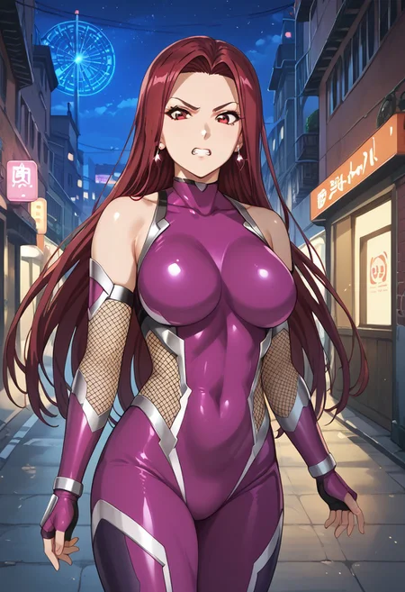 score_9, score_8_up, score_7_up, score_6_up, source_anime, ultra detailed, best quality, very aesthetic, Expressiveh, 1girl, ryouko sakaki, long hair, red eyes, red hair, forehead, earrings, curvy, large breasts, wide hips, thick thighs, fighting stance, holding sword, angry, clenched teeth, bodysuit, purple bodysuit, taimanin suit, fishnets, skin tight, elbow gloves, bare shoulders, on alley, building, night, neon lights, detailed background