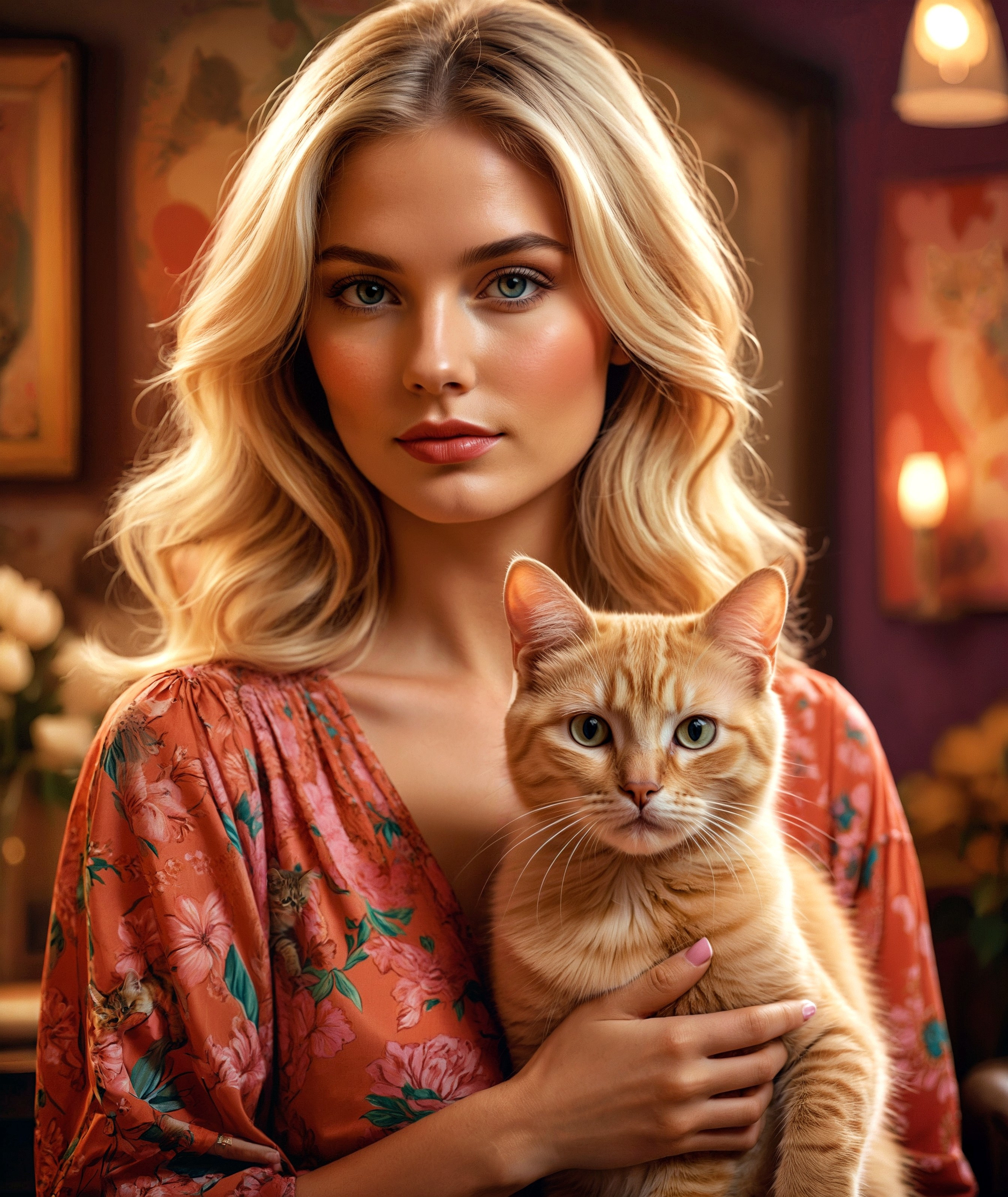 Photograph of a beautiful blonde woman holding a Cat , 1970s backdrop filled with chic illustrations, lush brushstrokes, valentine motifs, in vibrant colors, highly detailed, ultra-realistic.