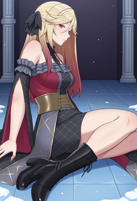general, 1girl, mature female, vampire fraulein, vampire, black frilled choker, black frilled dress, black frilled sleeves, black hair bow, black cross-laced footwear, full body, sitting, looking at viewer, side view, labyrinth, snow floor, ice floor, ice walls, p0lp4w03lb0, 2.5d, masterpiece, best quality, high quality, absurdres, highres,