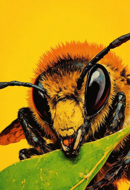 This is a high-resolution photograph of a close-up view of a honeybee's face, taken against a vibrant yellow background. The image focuses on the bee's head and thorax, providing a detailed look at its intricate features. The bee's head is covered in short, dense, golden-brown fur with darker brown patches on its eyes and antennae. Its large, compound eyes are dark and faceted, giving it a slightly intimidating yet curious expression. The bee's antennae are long and slender, with a darker brown color towards the tips. The bee's mouthparts, known as the proboscis, are visible and appear slightly curved, indicating a readiness to feed.
The bee's thorax is similarly covered in a mix of golden-brown and darker brown fur, with the darker patches forming a distinct pattern. The bee's legs are black with a fine, hair-like texture, and they are positioned symmetrically, grasping onto a bright green leaf. The leaf has a smooth, glossy texture and is partially visible in the foreground. The background is a solid, vibrant yellow, which contrasts with the colors of the bee and leaf, making them stand out prominently. The overall composition of the image is sharp and detailed, capturing the bee's texture and the beauty of its natural design.