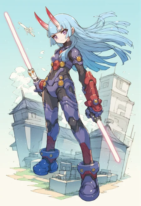 1girl, oni horns, bodysuit, armored bodysuit, armored boots, gauntlet, science fiction, holding lightsaber, purple eyes, slit pupils, long hair, hime cut, blue hair, wind, skycrapper, rooftop, looking at viewer, medium breasts <lora:nakayama_tooru_XL:1>, score_9, score_8_up, score_7_up, score_6_up, score_5_up, score_4_up, BREAK source_anime, masterpiece