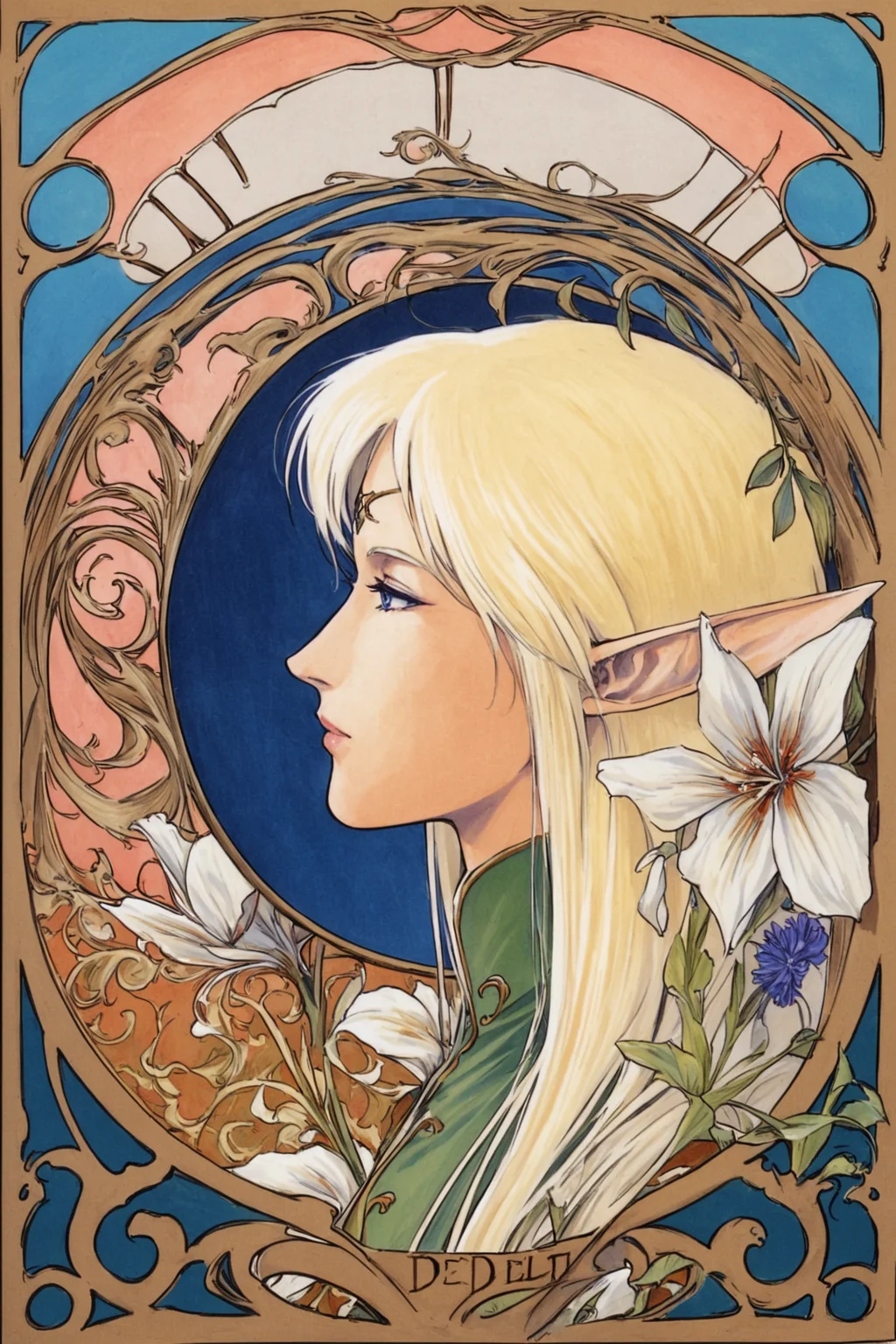 pointy ears,1girl,Deedlit,elf,blonde hair,long hair,solo,art nouveau,flower,profile,blue eyes,portrait,retro artstyle,traditional media,marker_(medium),<lora:Yutaka Izubuchi_XL:0.8>,