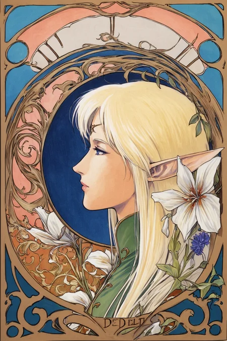 pointy ears,1girl,Deedlit,elf,blonde hair,long hair,solo,art nouveau,flower,profile,blue eyes,portrait,retro artstyle,traditional media,marker_(medium),<lora:Yutaka Izubuchi_XL:0.8>,