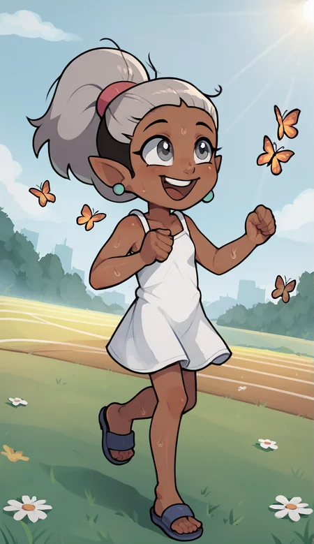 zPDXL3, masterpiece, handfixer, high quality, score_9, score_8_up, yepmelon, 1girl, solo, dark skin, dark skinned female, grey hair, short hair, ponytail, grey eyes, earrings, messy hair, butterflies, (sunlight), elf ears, smile, (running), ((laughing)), ((windy)), grassy hills, sunny, flower field, sundress, ((cute)), ((young)), short, 1girl, solo, good hands, good anatnomy, dynamic angle, [[[[sweaty]]]], sandals,    <lora:Yep_Melon_Style-000013:1>,<lora:Pony_QualityV4.0:2>,<lora:HandFixer_pdxl_Incrs_v1:0.4>