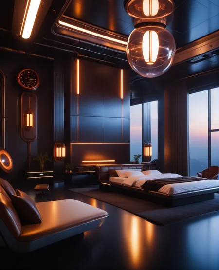 masterpiece, high quality, a reij-ebsu bed room, retro sci fi steampunk, sunrise shine, fireplace  <lora:ebony sunset-000001:0.9>