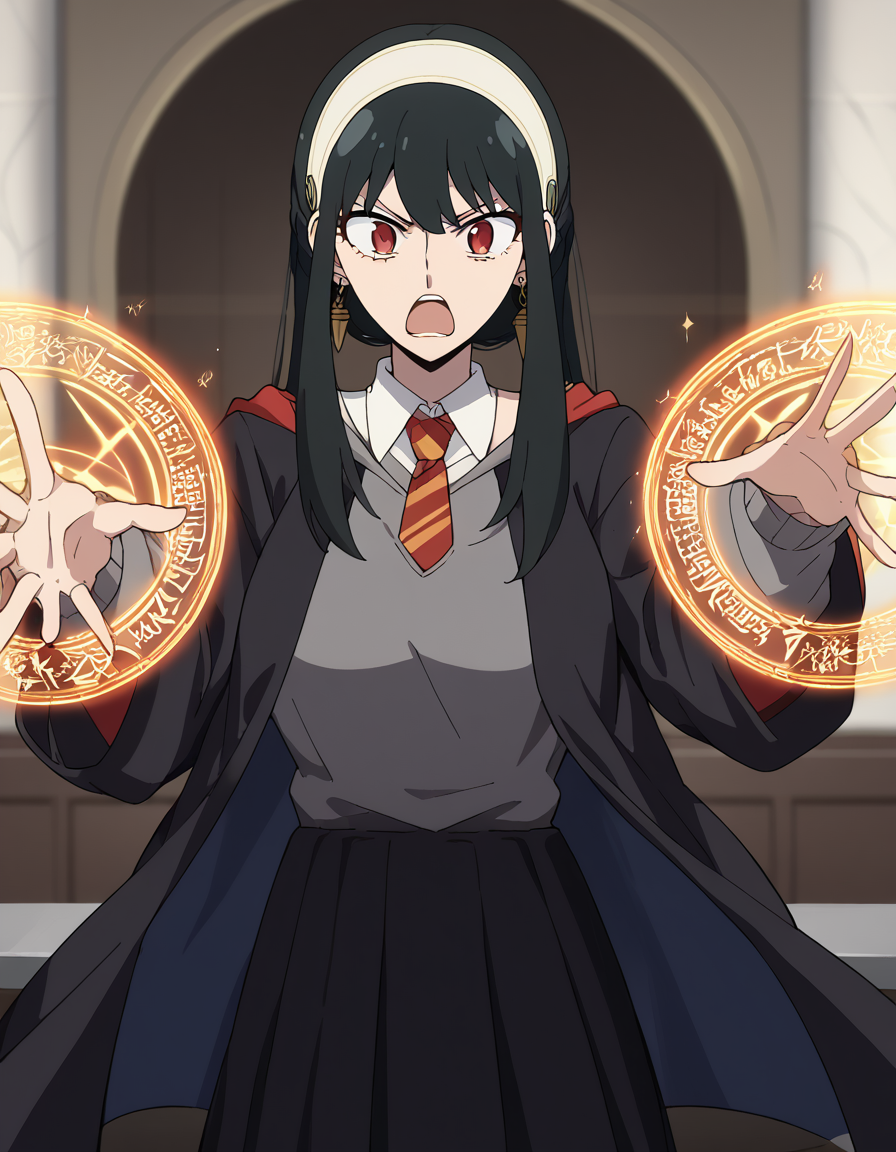 score_9, score_8_up, score_7_up, source_anime, yorbriar, <lora:yor-briar-s1-ponyxl-lora-nochekaiser:1>, yor briar, black hair, red eyes, earrings, white hairband, hairband, long hair, sidelocks, medium breasts,, <lora:hogwarts-school-uniform-ponyxl-lora-nochekaiser:1> hogwarts school uniform, black robe, holding wand, wand, necktie, striped necktie, collared shirt, sweater, pleated skirt, grey sweater,, open mouth, casting spell, energy, magic circle, glowing, indoors, castle, shouting, angry,, cowboy shot,