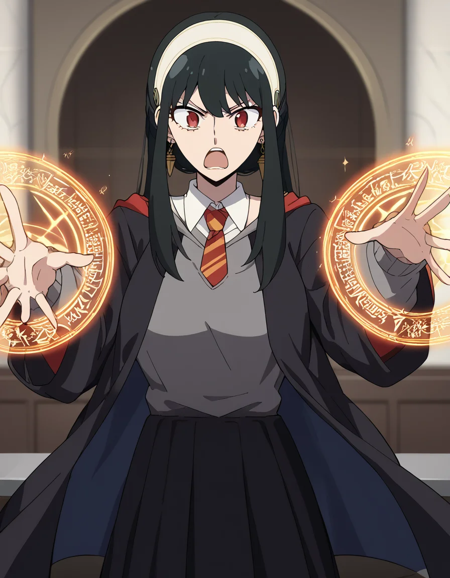 score_9, score_8_up, score_7_up, source_anime, yorbriar, <lora:yor-briar-s1-ponyxl-lora-nochekaiser:1>, yor briar, black hair, red eyes, earrings, white hairband, hairband, long hair, sidelocks, medium breasts,, <lora:hogwarts-school-uniform-ponyxl-lora-nochekaiser:1> hogwarts school uniform, black robe, holding wand, wand, necktie, striped necktie, collared shirt, sweater, pleated skirt, grey sweater,, open mouth, casting spell, energy, magic circle, glowing, indoors, castle, shouting, angry,, cowboy shot,