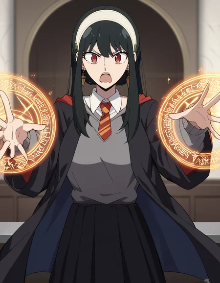 score_9, score_8_up, score_7_up, source_anime, yorbriar, <lora:yor-briar-s1-ponyxl-lora-nochekaiser:1>, yor briar, black hair, red eyes, earrings, white hairband, hairband, long hair, sidelocks, medium breasts,, <lora:hogwarts-school-uniform-ponyxl-lora-nochekaiser:1> hogwarts school uniform, black robe, holding wand, wand, necktie, striped necktie, collared shirt, sweater, pleated skirt, grey sweater,, open mouth, casting spell, energy, magic circle, glowing, indoors, castle, shouting, angry,, cowboy shot,
