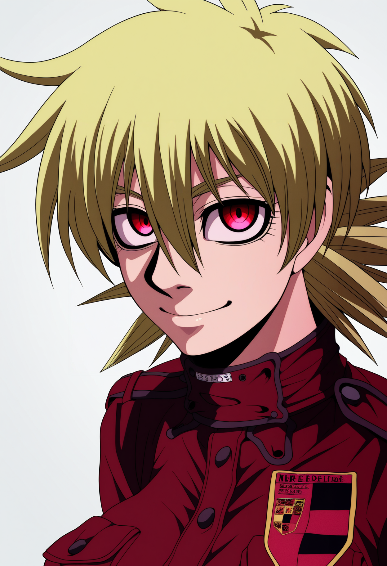 best quality, amazing quality, very aesthetic, absurdres,
BREAK
1girl, seras victoria, blonde hair, red eyes, 
red uniform,
smile, looking at viewer, upper body, simple background, white background, <lora:SerasVictoriaNoobXL_byKonan:1>