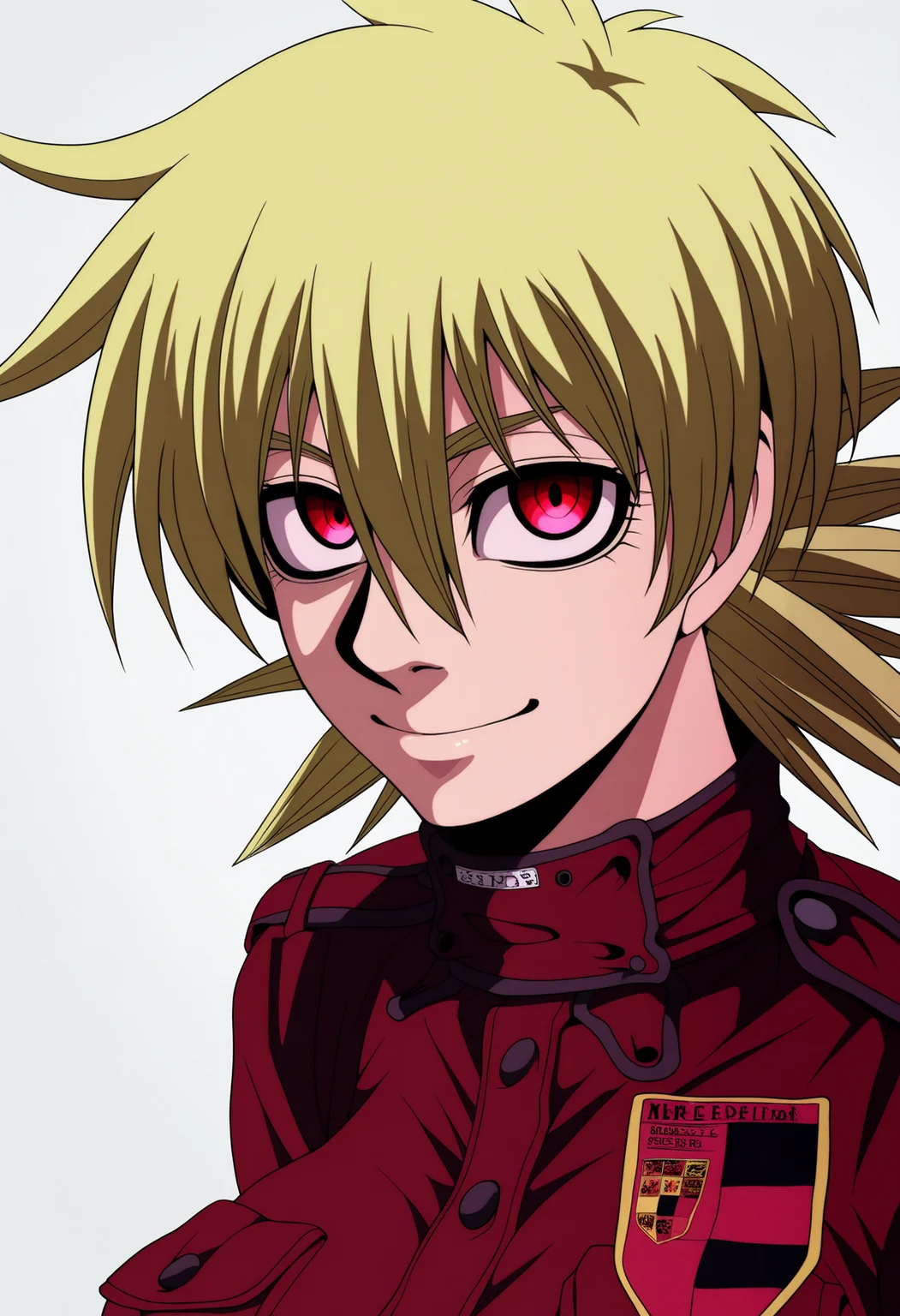 best quality, amazing quality, very aesthetic, absurdres,
BREAK
1girl, seras victoria, blonde hair, red eyes,
red uniform,
smile, looking at viewer, upper body, simple background, white background, <lora:SerasVictoriaNoobXL_byKonan:1>