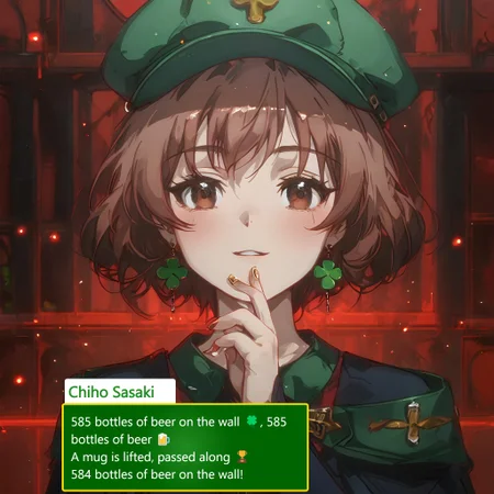 score_9, score_8_up, score_8, medium breasts, (ultra realistic,32k, masterpiece:1.2), (high detailed skin:1.1), (high quality:1.1),  
(upper body, portrait:1),  
ShamrockWorld, clover, four-leaf clover, light particles, solo,  
corset, long sleeves, collared dress, solo, looking at viewer, (top hat), holding, belt, cup, no humans, holding cup, alcohol, mug, green headwear, hat feather, beer, beer mug, clover, four-leaf clover, green cape, green capelet,  
volumetric lighting, mood lighting, low lights, soft light, hazy, intricate details, rating_explicit, (ultra realistic, 32k, masterpiece:1.2), (high detailed skin:1.1), (high quality:1.1), bokeh, luminescent background, zPDXL, ral-cltc, Expressiveh, Chiho, Short brown hair, Large brown eyes, Fair skin, Youthful appearance, Shoulder-length hair, Usually wears school uniform, Slim build, Modest clothing style, Chiho, short hair, brown hair, short twintails, brown eyes, employee uniform, skirt,