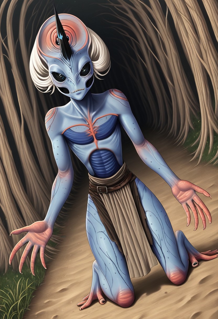 ((Alien humanoid)), solo, androgynous, aquatic features 
blue skin, ((webbed hands)),
((nostrils only, nostril slits, vertical nasal slits, narrow nostrils)):1.6, ((narrow eyes)), ((black sclera, black irises)), smooth skin,  pointy ears, small ears, tiny ears, holes in skin, forehead horn, short horn, veiny horn, ((single horn)):1.0, ((4 fingers)), fingernails, thin lips, ((white hair)), ((short hair, spiky hair)), sharp teeth, ((digitigrade legs)), bent legs,
full body shot
ragged clothes, muddy clothes, loincloth, tunic, dirty
Medieval style, fantasy style,
style: r1n,
((Variety)):1.2
((dutch angle))
river background
fully clothed, loose clothing, clean lines, smooth colors, detailed fingers, sfw, source: semi-realistic, rating: pg, score: 8 up, score: 9