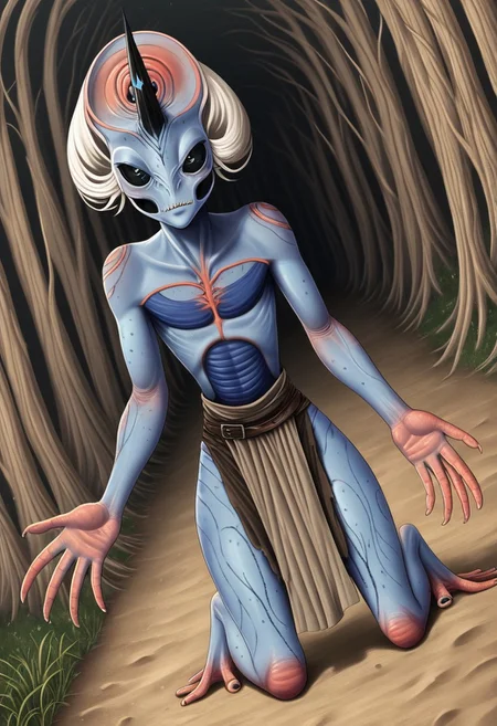 ((Alien humanoid)), solo, androgynous, aquatic features
blue skin, ((webbed hands)),
((nostrils only, nostril slits, vertical nasal slits, narrow nostrils)):1.6, ((narrow eyes)), ((black sclera, black irises)), smooth skin, pointy ears, small ears, tiny ears, holes in skin, forehead horn, short horn, veiny horn, ((single horn)):1.0, ((4 fingers)), fingernails, thin lips, ((white hair)), ((short hair, spiky hair)), sharp teeth, ((digitigrade legs)), bent legs,
full body shot
ragged clothes, muddy clothes, loincloth, tunic, dirty
Medieval style, fantasy style,
style: r1n,
((Variety)):1.2
((dutch angle))
river background
fully clothed, loose clothing, clean lines, smooth colors, detailed fingers, sfw, source: semi-realistic, rating: pg, score: 8 up, score: 9