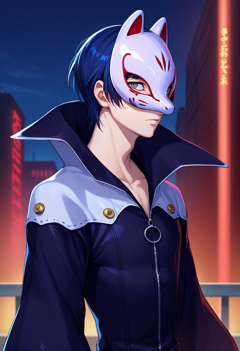 score_9, score_7_up, source_anime 
yusuke, 
1boy, male focus, solo, grey eyes, blue hair, short hair, thief outfit, mask, fox mask, jacket, black jacket, high collar, zipper, upper body,
outdoor, dark, darkness, red lights. looking at viewer,