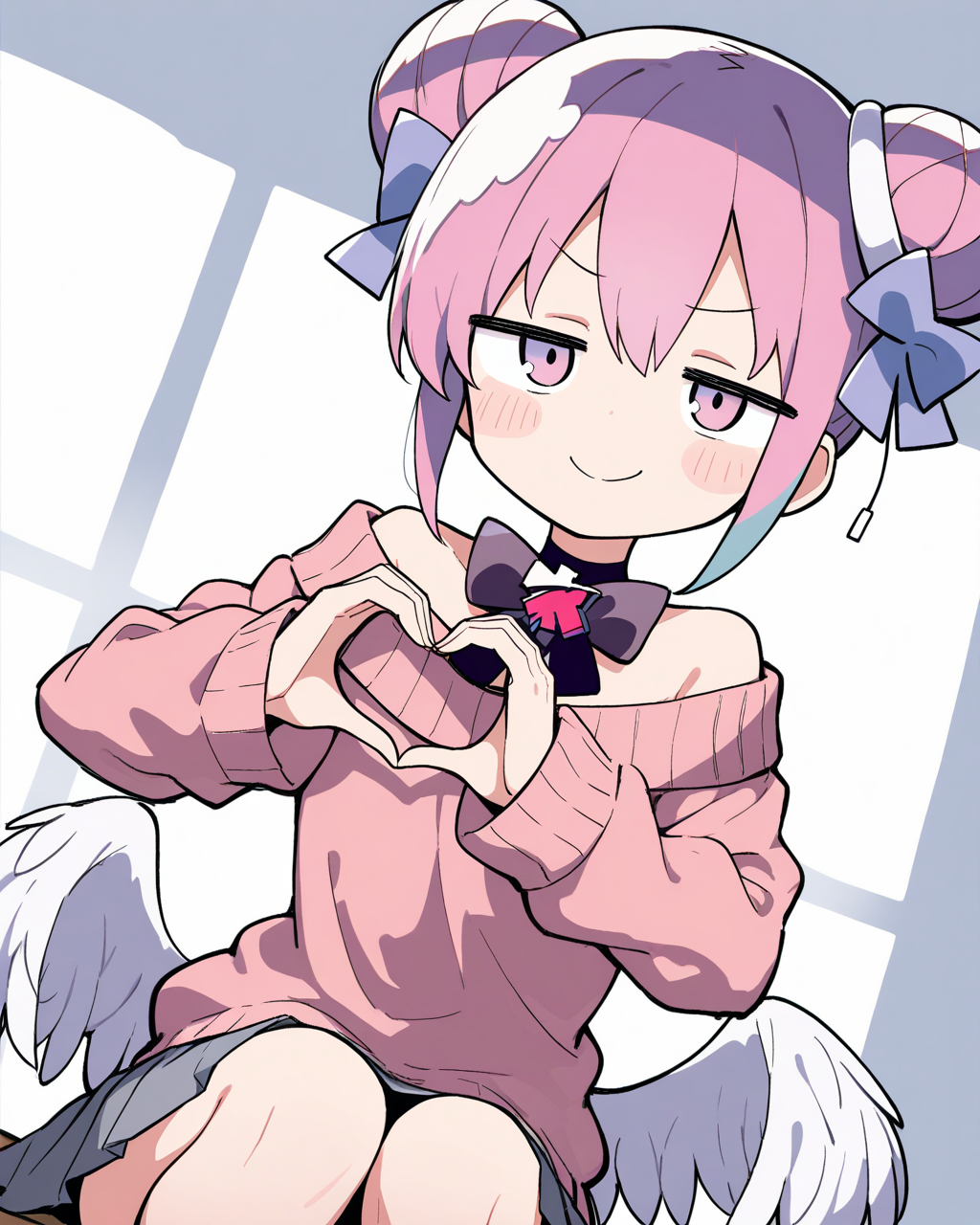 1girl, DadadadaTenshiMusicVideo, 
safe, solo, dutch angle, upper body,
double bun, smug,
heart hands,
bow choker, black bowtie, gem, off-shoulder sweater,
pink sweater, long sleeves, sleeves past wrists,
puffy sleeves, low wings, miniskirt, grey skirt, white socks,
indoors,
<lora:kp_DadadadaTenshiMusicVideoAnimagineXL_v1_1:1.0>,
masterpiece, high score, great score, absurdres
