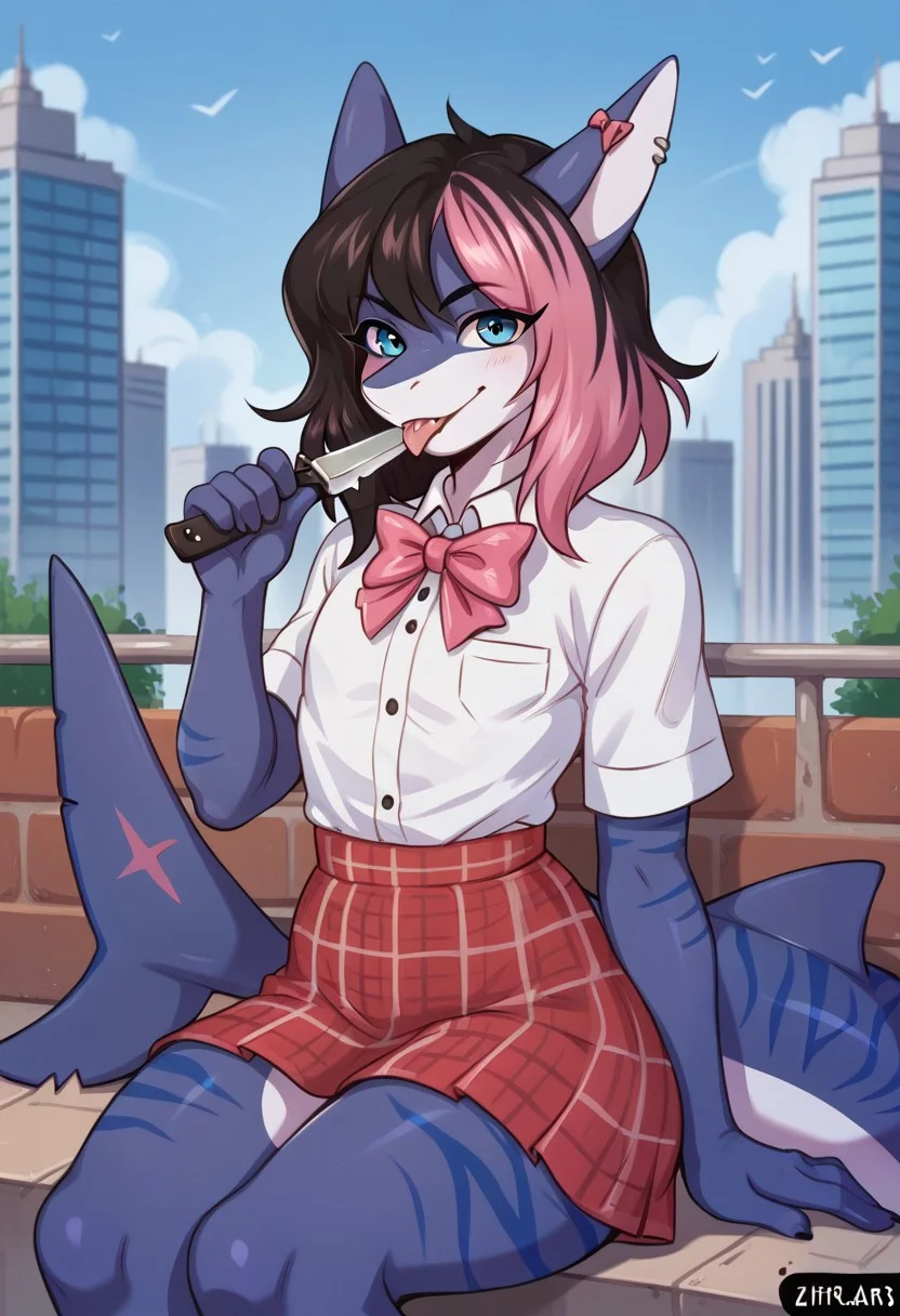ziffir_stylepxl,score_8_up, score_7_up, solo, moonlitepxl, femboy,solo, anthro shark,medium hair, multicolored hair, dark hair, pink hair,bow, stripes on body, turquoise eyes, shark tail, blue body,BREAK, white shirt, red plaid skirt, bow tie, large hunting knife, licks knife with tongue, predatory look, looks at viewer, smug, sits on steps, city hall building in background,