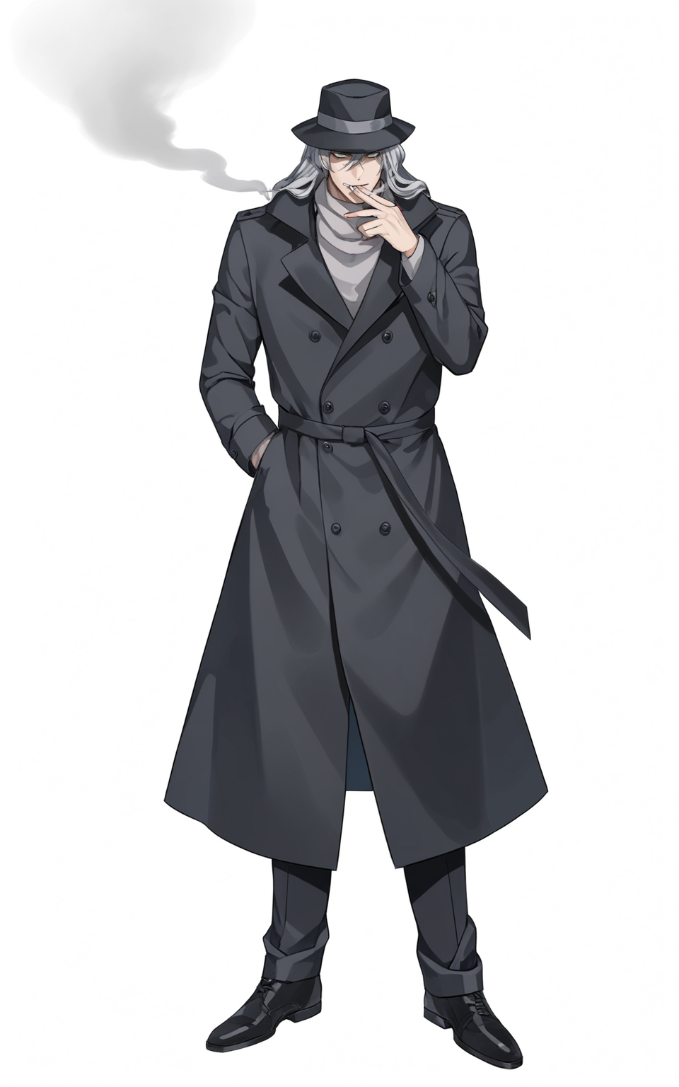 8k, best quality, masterpiece, (ultra-detailed), (high detailed skin), 
(full body:1.25), (white background:1.4), (simple background), standing, looking at viewer, (solo:1.2), 
<lora:qinjiu-Net-Tanger-000013:0.6>, qinjiu, 1boy, solo, male focus, hat, long hair, black trench coat, 
smoke, smoking,