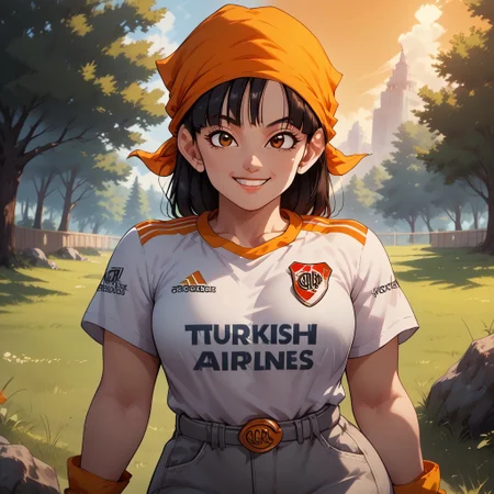 score_9, score_8, BREAK, solo, 1girl, (pan from dragon ball GT), high quality best quality, (high detail), adorable face, orange bandana, RiverPlate, striped shirt, striped, shirt, white shirt, short sleeves, clothes writing, sportswear, soccer uniform, grey jeans, grey fingerless gloves, adult woman, mature woman, breasts, sexy pose, self portrait, smile, outdoors, sunlight, shadows, evening lighting, natural lighting, forest, trees, grass, orange sky, sunset