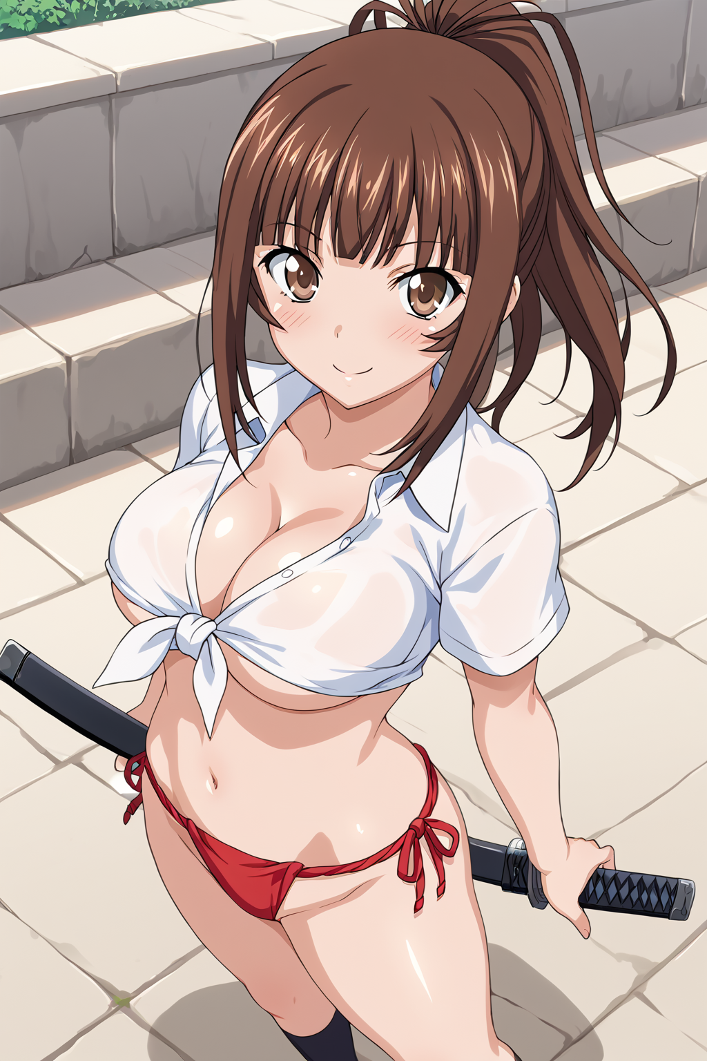 score_9, score_8_up, score_7_up, BREAK source_anime, masterpiece, anime screencap, shiny skin,
1girl, solo, yagyu, long hair, bangs, high ponytail, brown hair, brown eyes, large breasts, 
 <lora:yagyu_mitsuyoshi_pony:1>
red fundoshi, underboob, tied shirt, navel, front-tie top, black socks, loafer, cleavage, 
smile, standing, outdoor, blush,
katana, sheath, holding sword, from above,